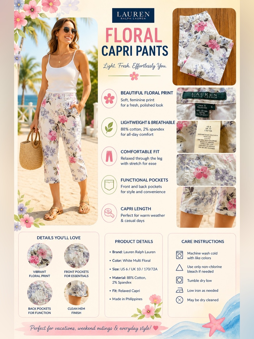 Ralph Lauren White Multi Floral Capri Pants